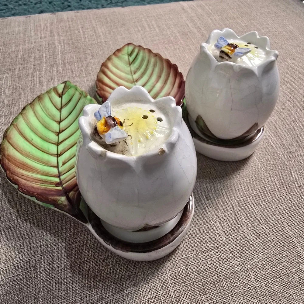 Vintage RARE Lefton‎ Ceramic Salt and Pepper Shakers Bee Leaf Made in Japan Set